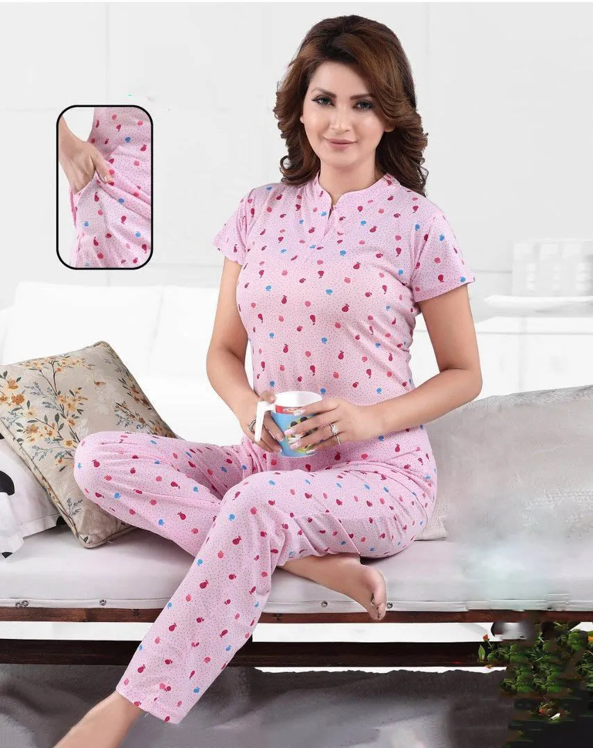 Cotton Pink Printed Night Suit Nightwear Set for Ladies