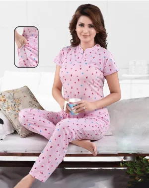 Cotton Pink Printed Night Suit Nightwear Set for Ladies