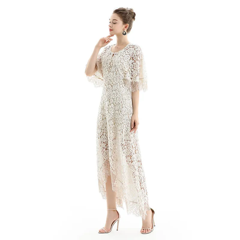 D078 Women floral lace cape sleeve flared asymmetric hem midi evening dress