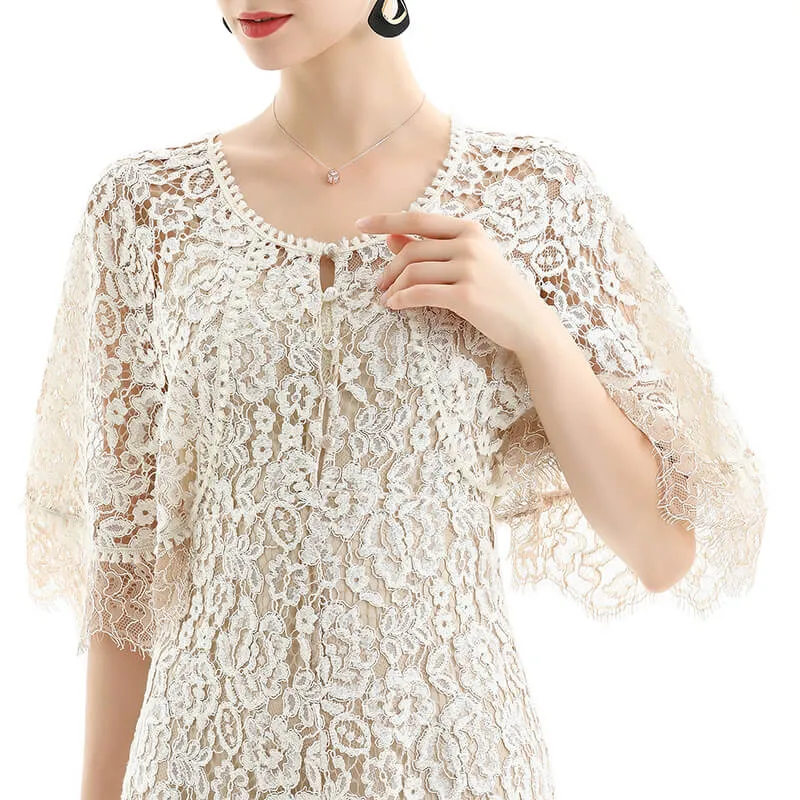 D078 Women floral lace cape sleeve flared asymmetric hem midi evening dress