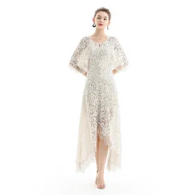 D078 Women floral lace cape sleeve flared asymmetric hem midi evening dress