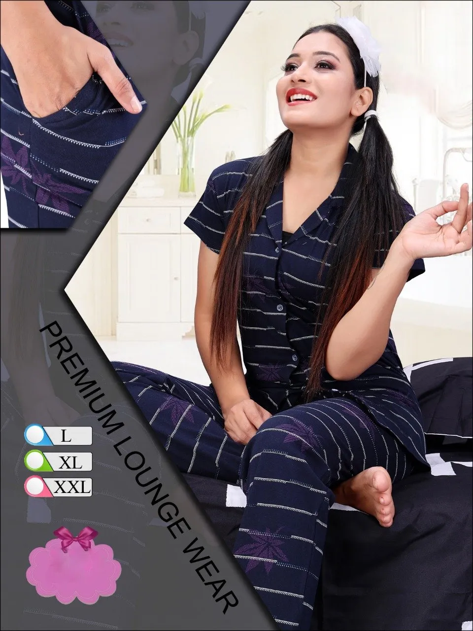 Dark Blue Cotton Night Wear Set for Ladies