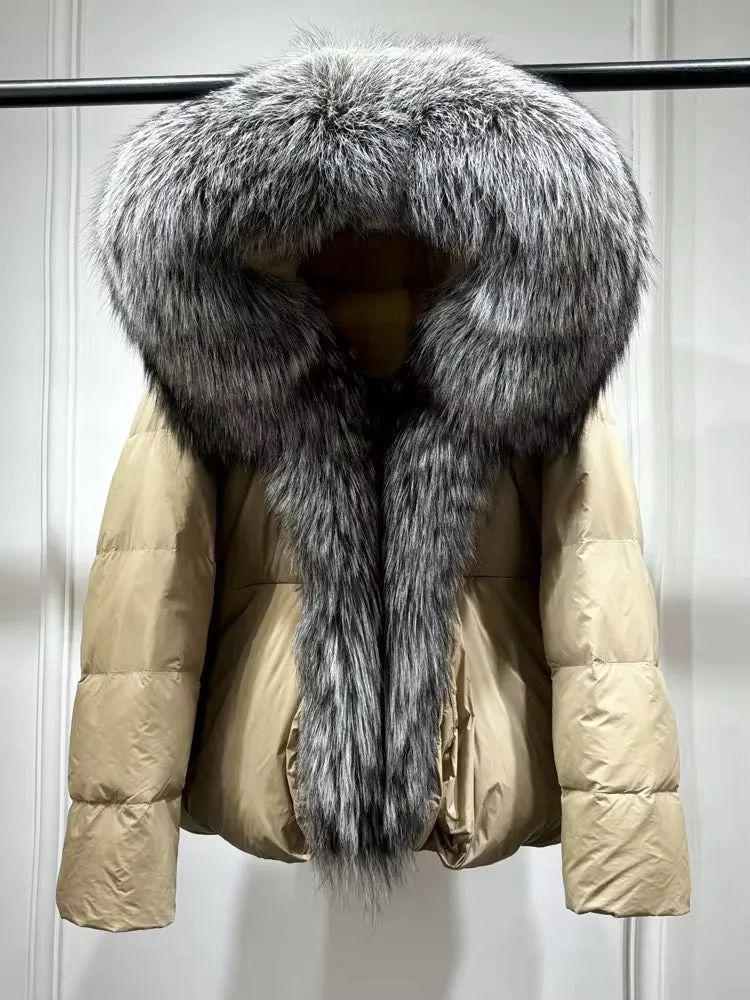 Elegant Women's Plus Size Duck Down Jacket with Real Fur