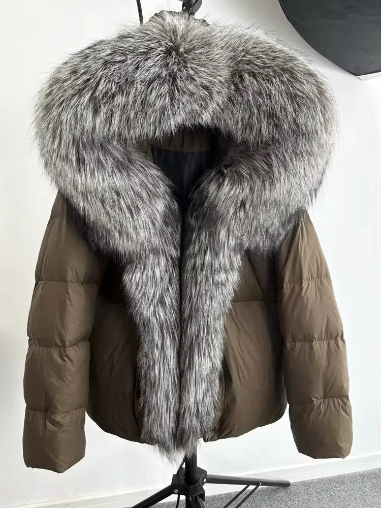 Elegant Women's Plus Size Duck Down Jacket with Real Fur