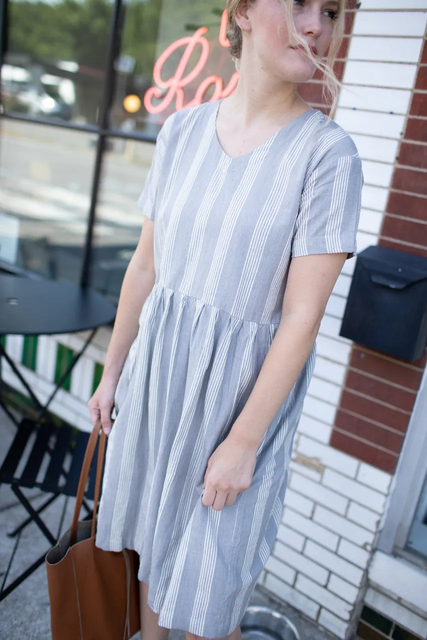 Eloise Handwoven Cotton Dress in Grey and White Stripe