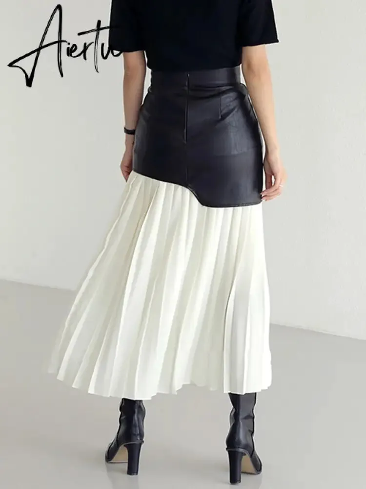 [EWQ] Sweet Style Patchwork Pu Skirt For Women High Waist Midi Folds Pleated Skirts Female  Autumn New Fashion Clothing Y331