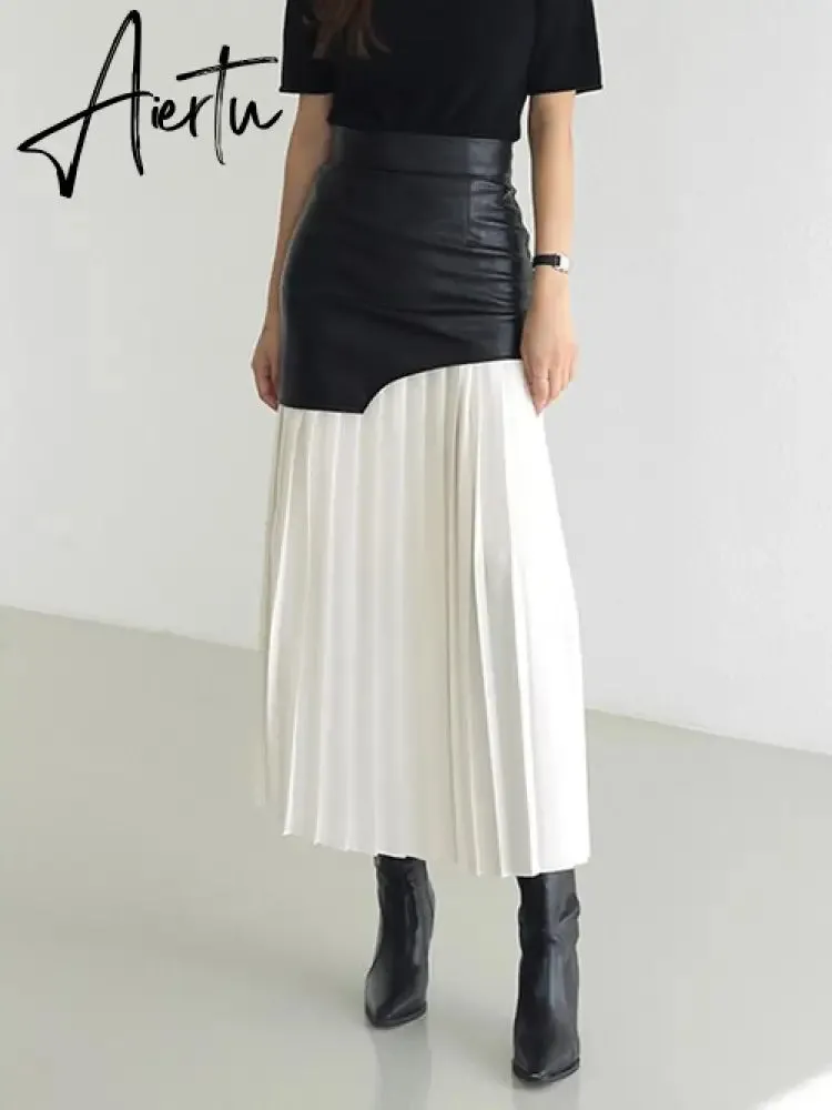 [EWQ] Sweet Style Patchwork Pu Skirt For Women High Waist Midi Folds Pleated Skirts Female  Autumn New Fashion Clothing Y331