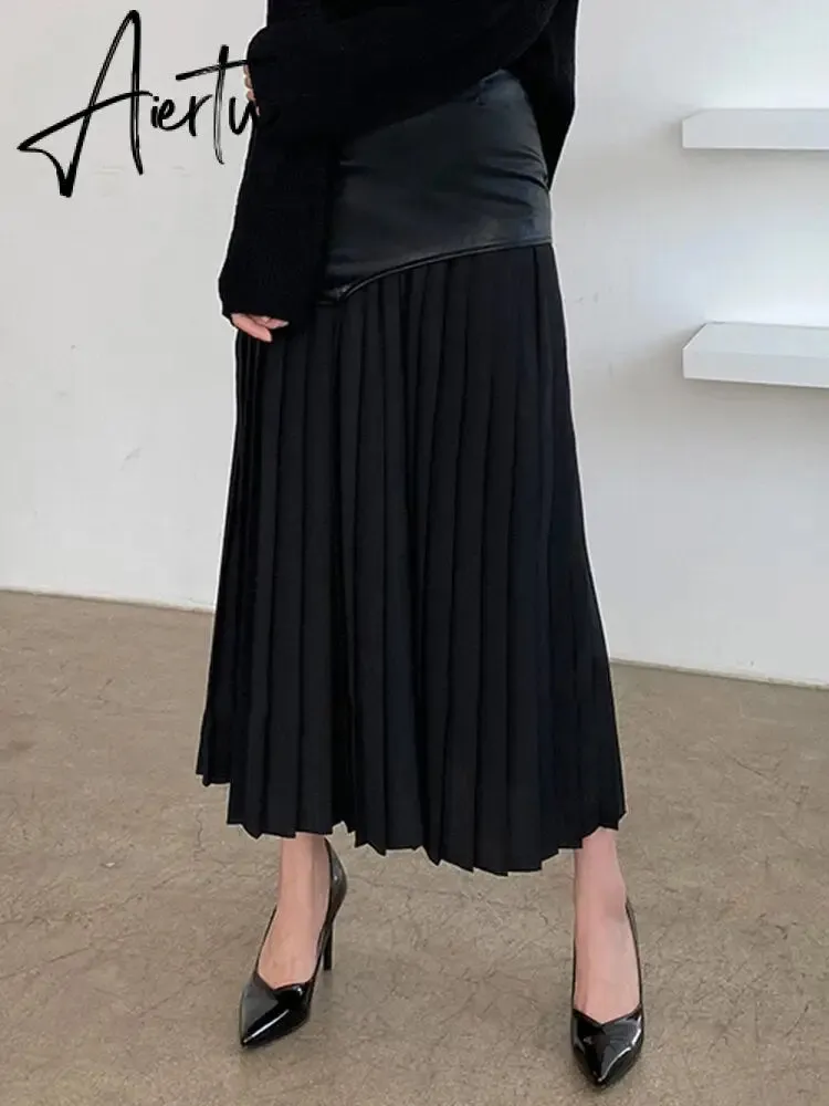 [EWQ] Sweet Style Patchwork Pu Skirt For Women High Waist Midi Folds Pleated Skirts Female  Autumn New Fashion Clothing Y331