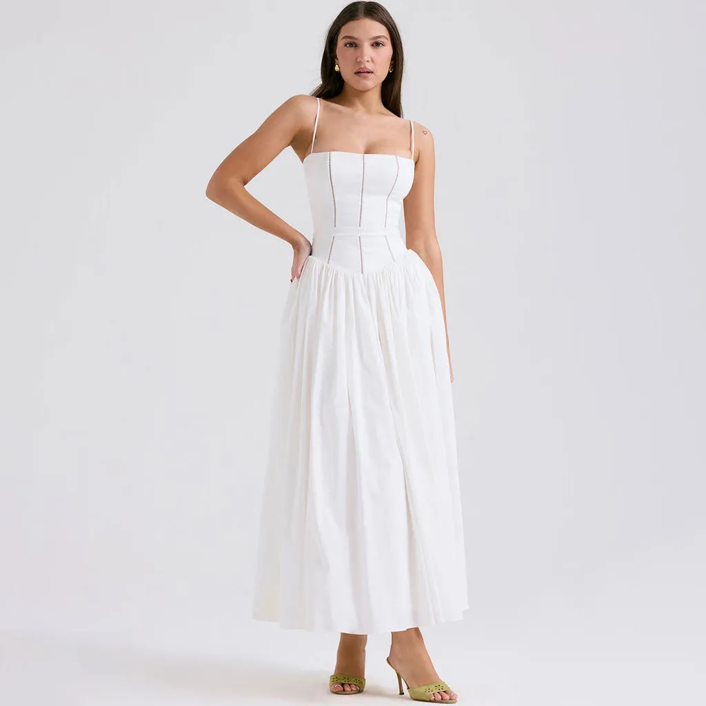 French Style Square Neck Spaghetti Strap Gathered Drop Waist Midi Sundress