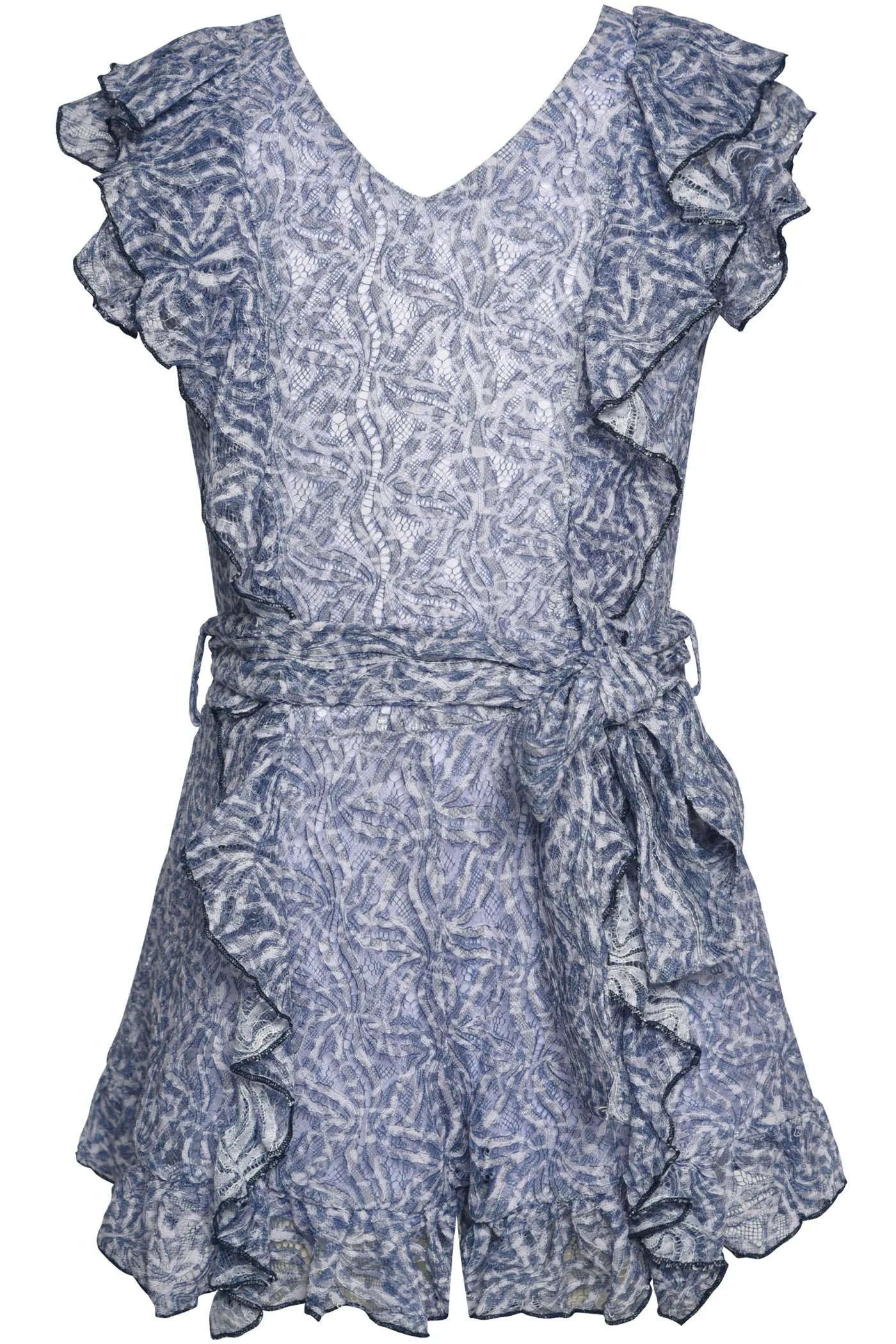 GBY Blue Multi Printed Lace Ruffle Romper Tween