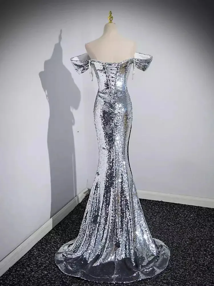 Girlary Charming Silver Sequined Evening Dresses Mermaid Off Shoulder Bow Long Briesmaid Wedding Party Gown Formal Prom Wear