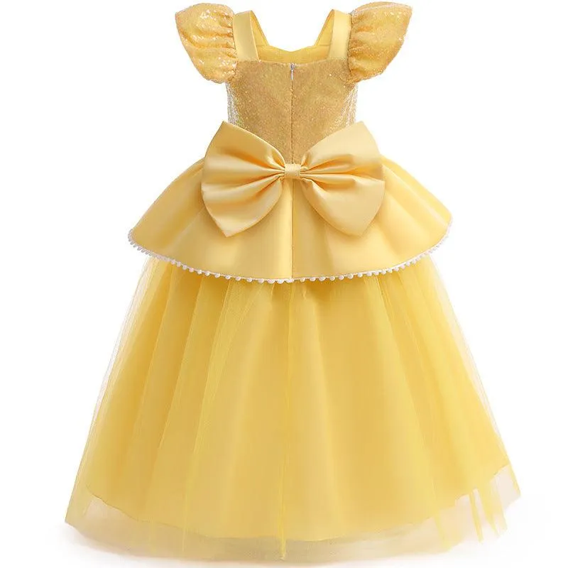 Girls' sequined pearl princess dress 3-10 years old fashionable backless big bow fluffy skirt Enchanting Fairy Tale Dress for Girls