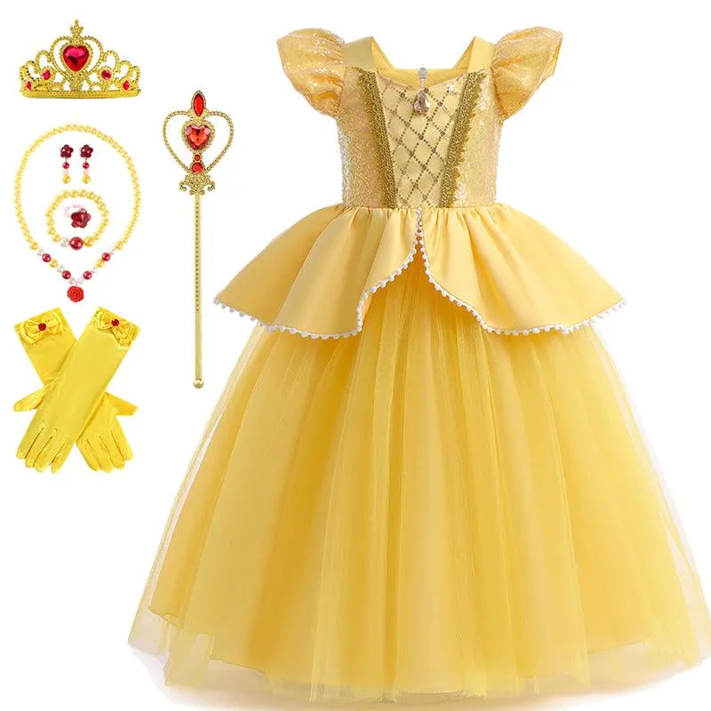 Girls' sequined pearl princess dress 3-10 years old fashionable backless big bow fluffy skirt Enchanting Fairy Tale Dress for Girls