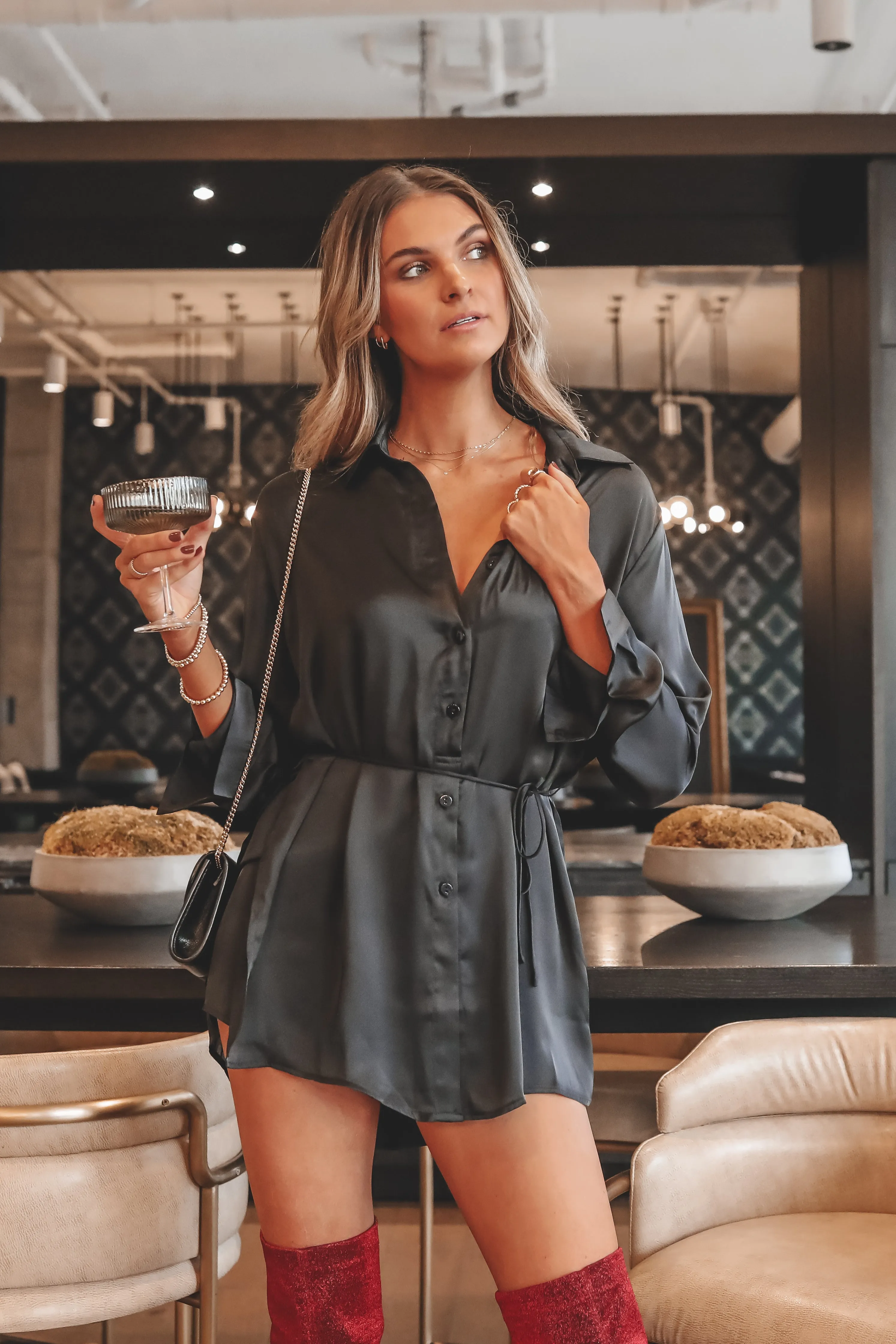 Giving Beverly Hills Satin Button Up Romper Dress