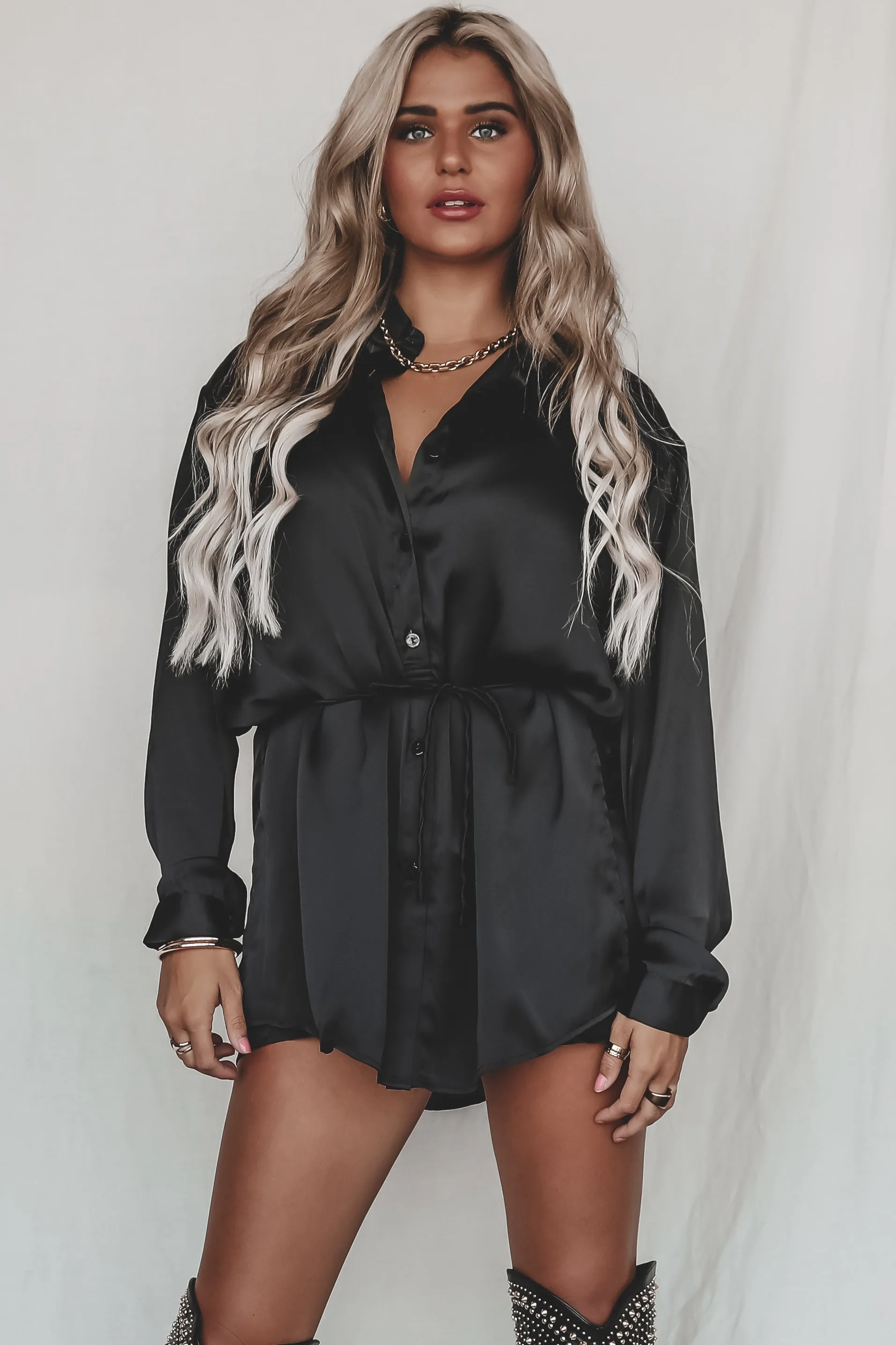 Giving Beverly Hills Satin Button Up Romper Dress