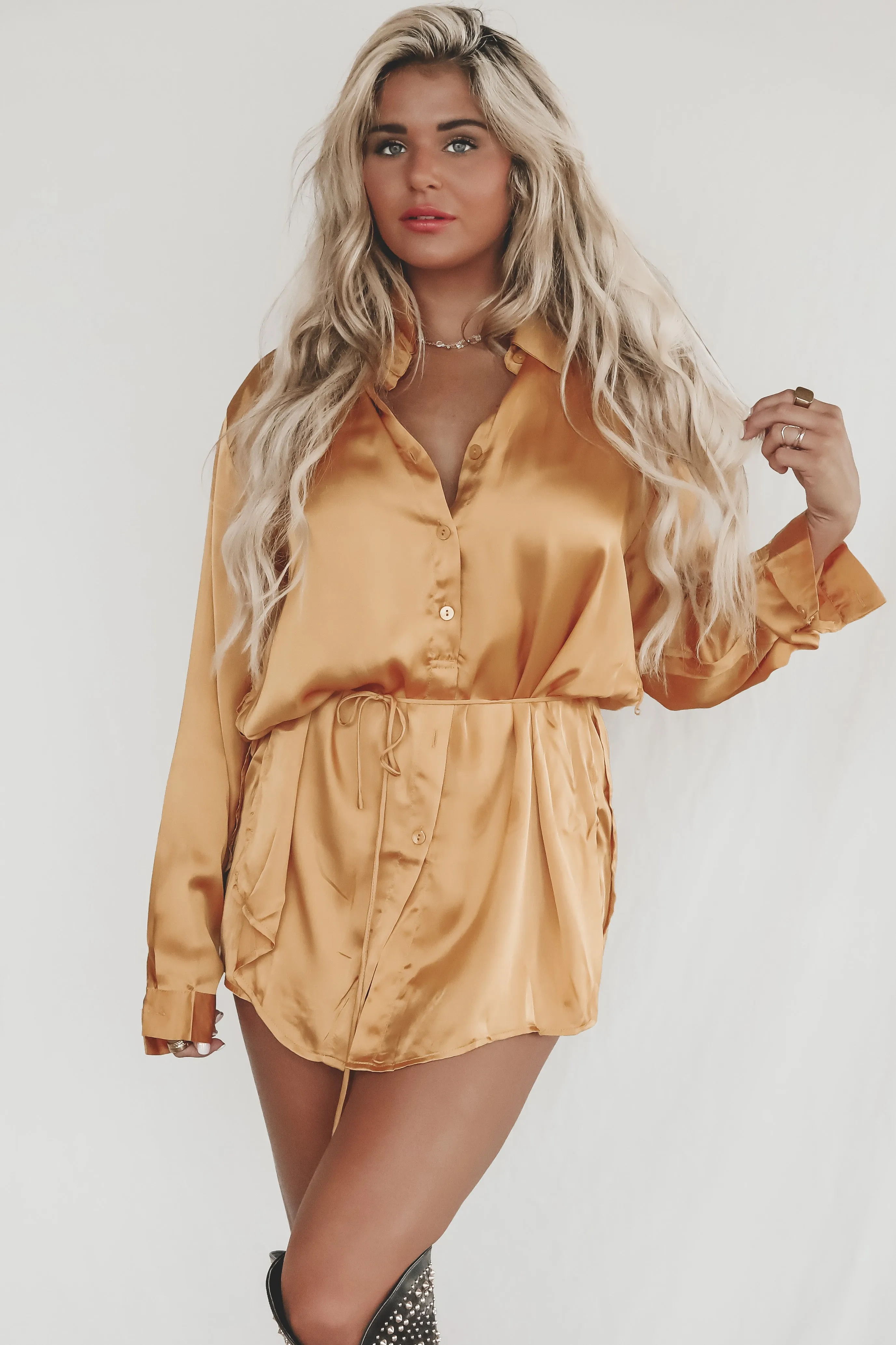 Giving Beverly Hills Satin Button Up Romper Dress