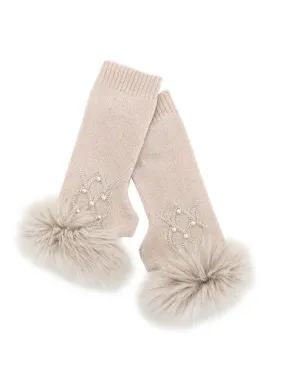 GLIM78 - Fingerless Gloves w/ Diamond Weave and Fox Fur Trim