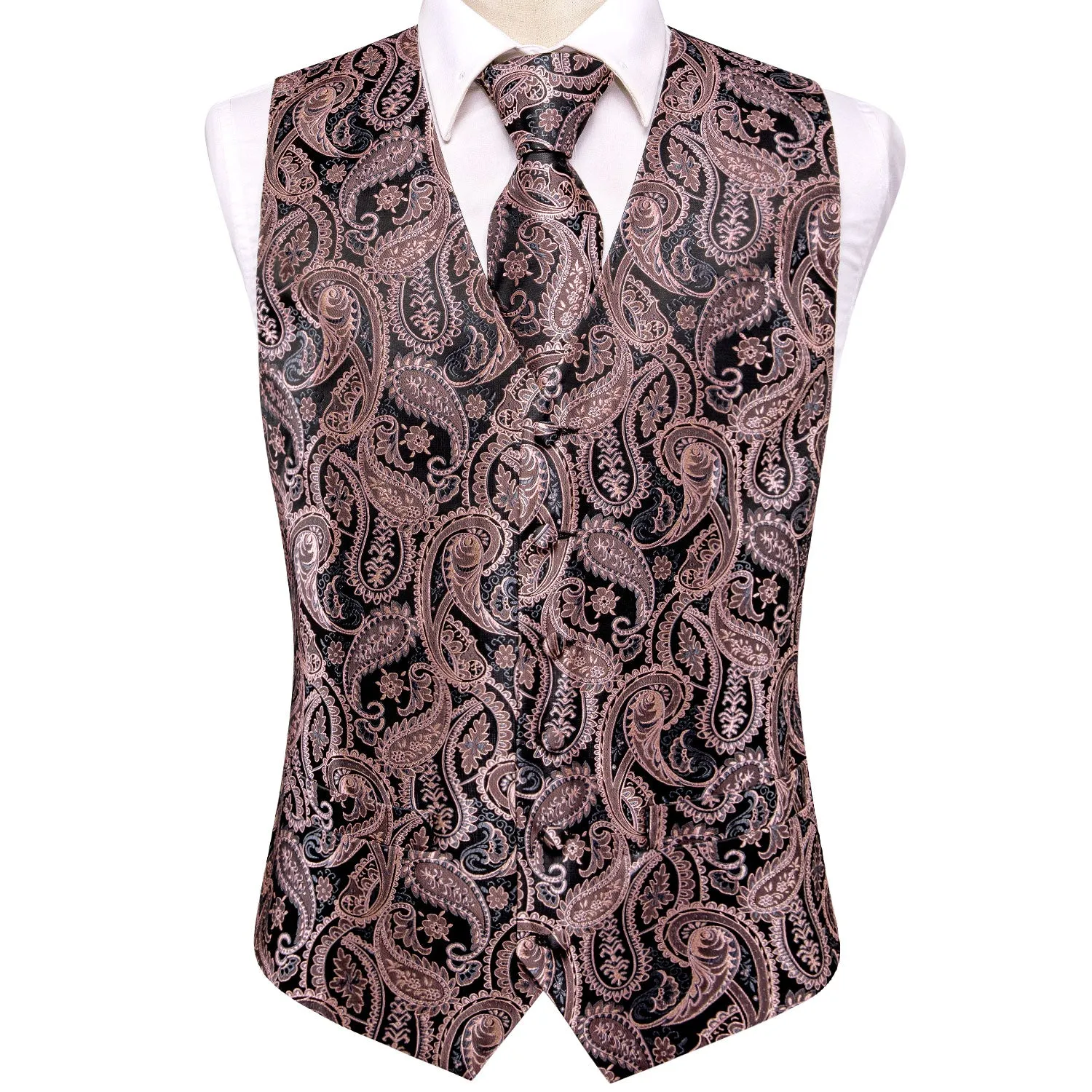 Hi-Tie Black Coral Pink Paisley Silk Men Vest Hanky Cufflinks Tie Set