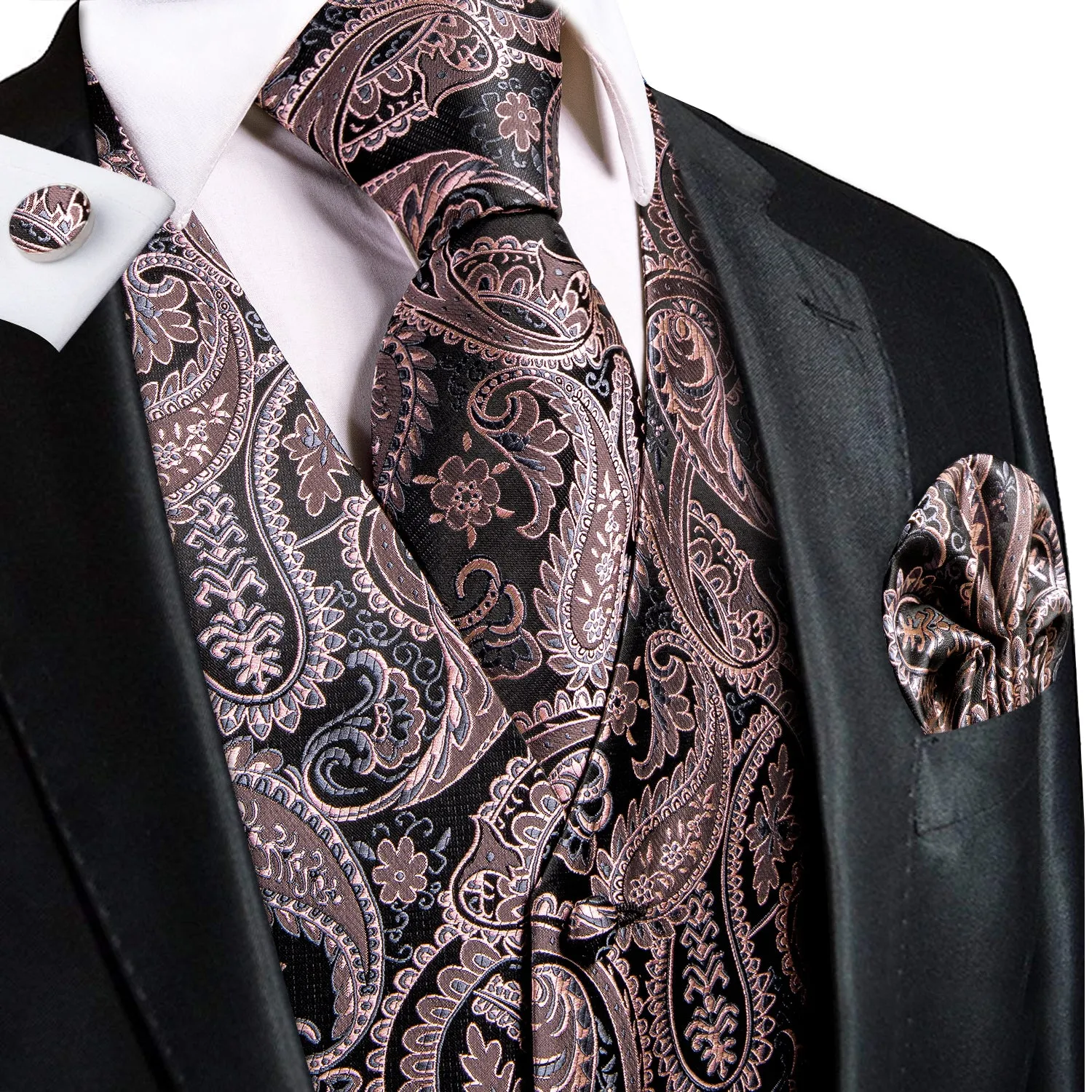 Hi-Tie Black Coral Pink Paisley Silk Men Vest Hanky Cufflinks Tie Set