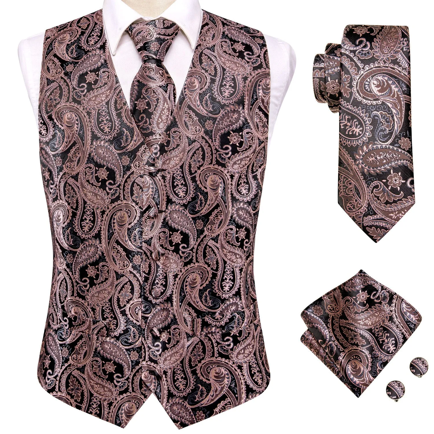 Hi-Tie Black Coral Pink Paisley Silk Men Vest Hanky Cufflinks Tie Set