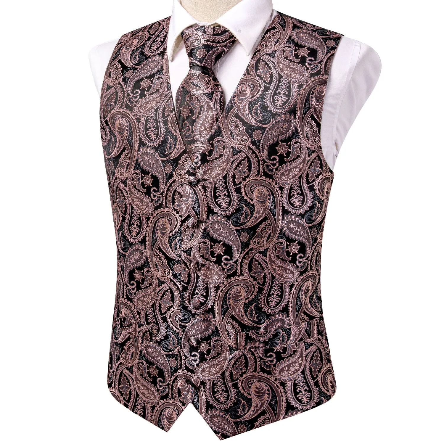 Hi-Tie Black Coral Pink Paisley Silk Men Vest Hanky Cufflinks Tie Set