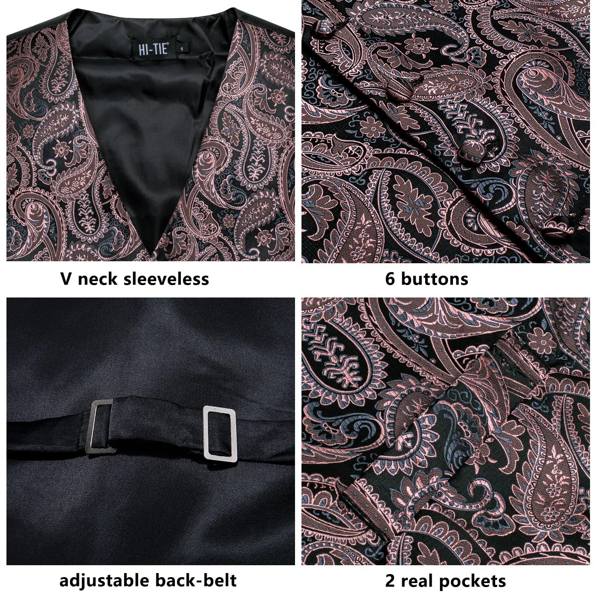 Hi-Tie Black Coral Pink Paisley Silk Men Vest Hanky Cufflinks Tie Set