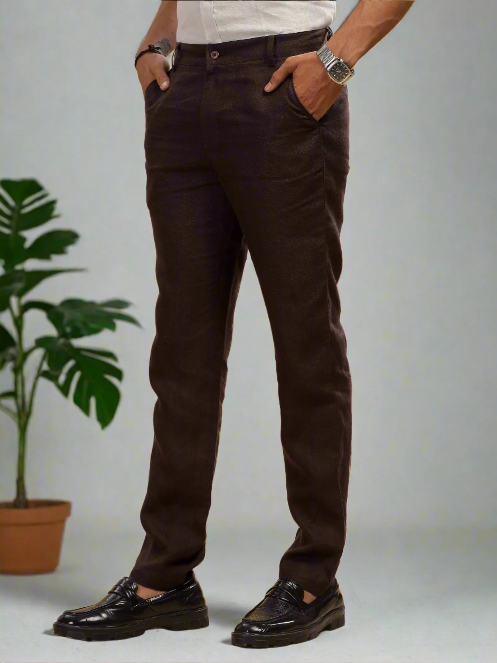 Ian Pure Linen Trousers - Cocoa Brown