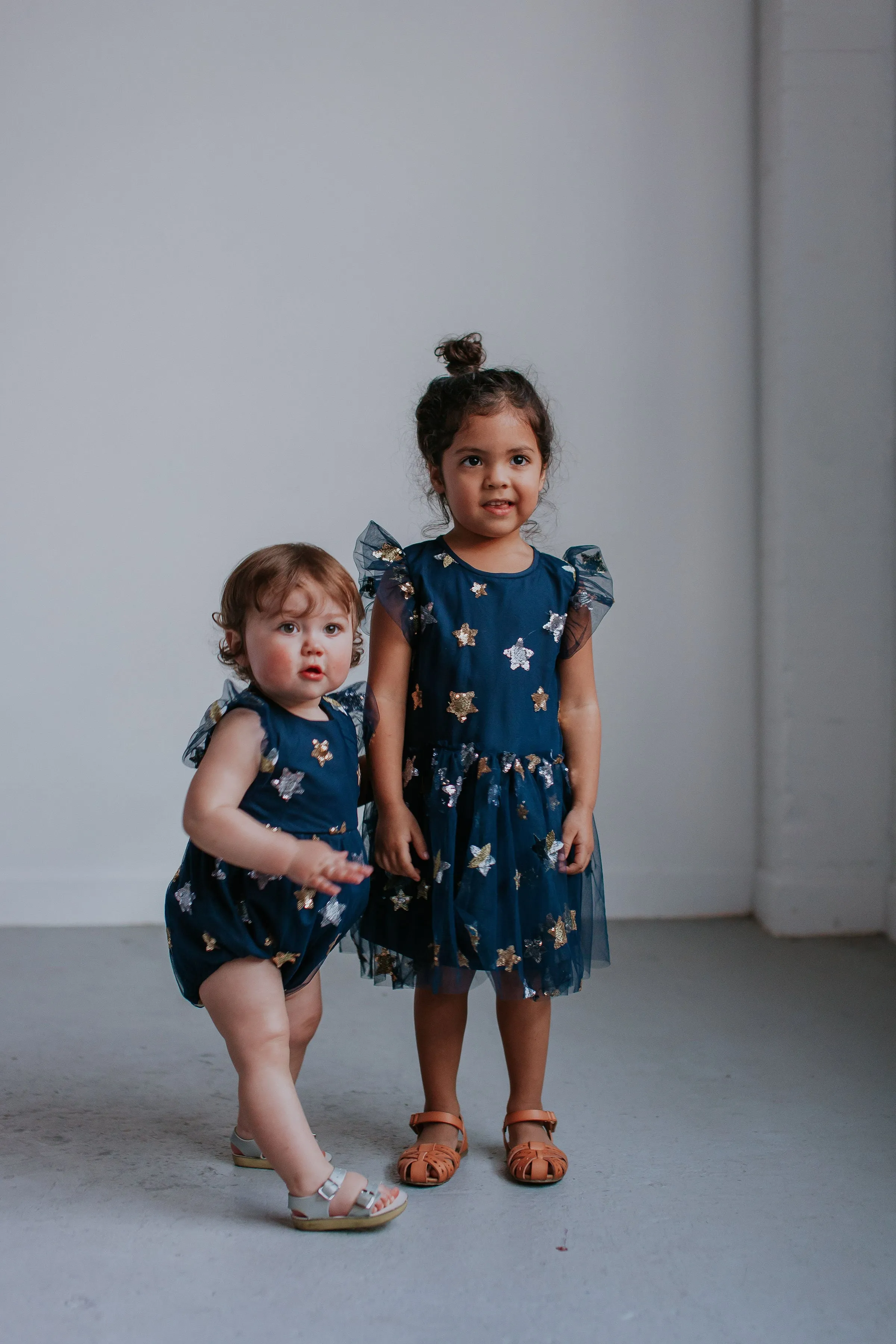 Infant Girl's Navy Soft Tulle Lace Sequined Stars Bubble Romper