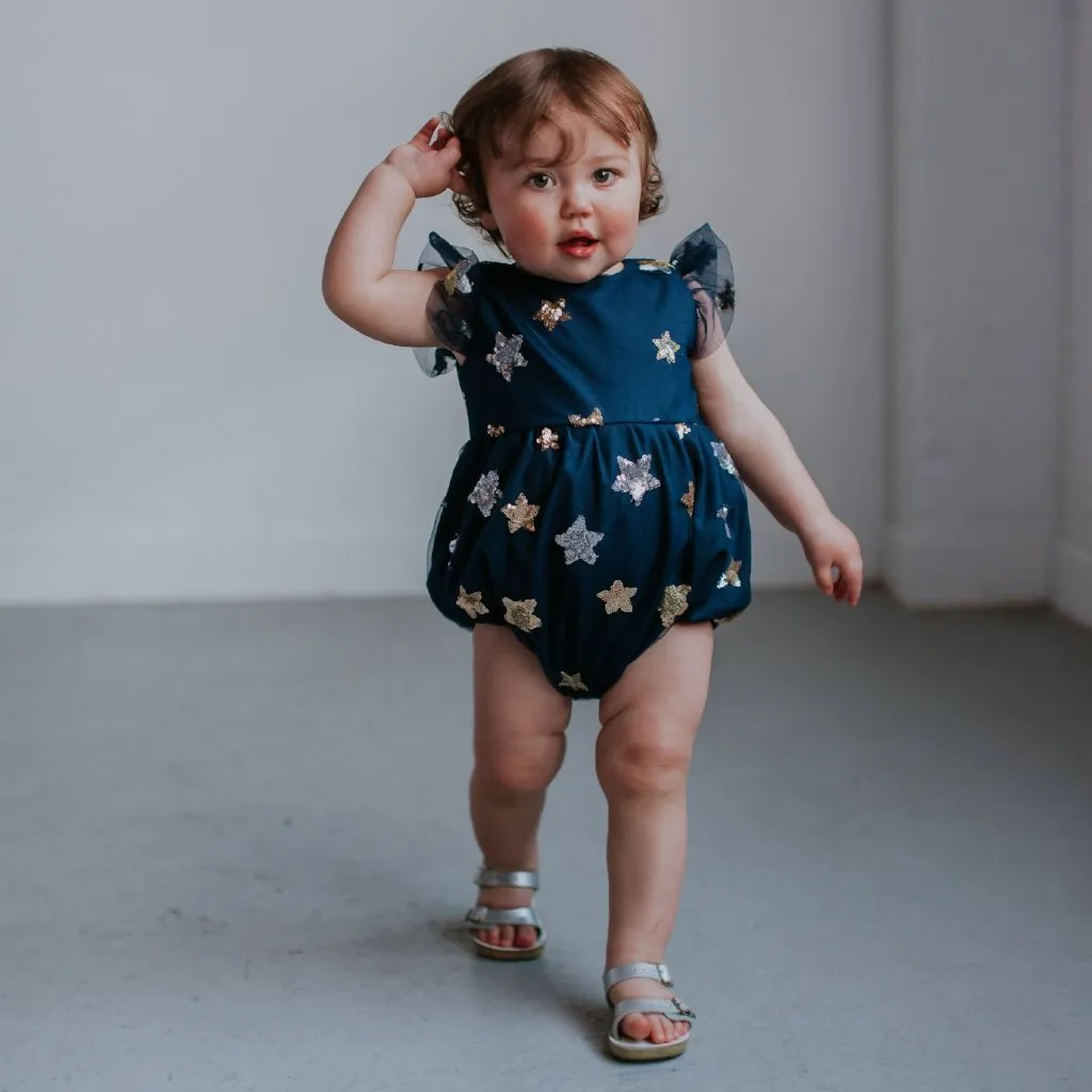 Infant Girl's Navy Soft Tulle Lace Sequined Stars Bubble Romper