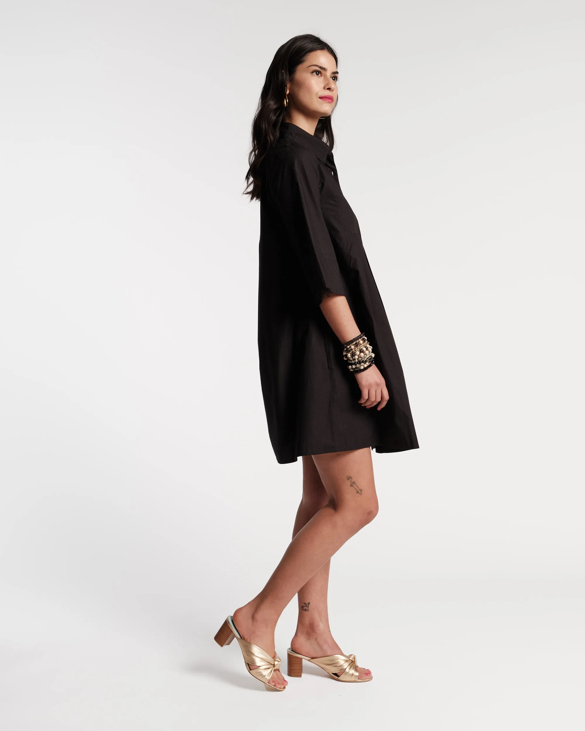 Isla Pleated Mini Shirtdress Cotton Poplin Black