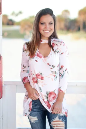 Ivory Floral Mock Neck Top