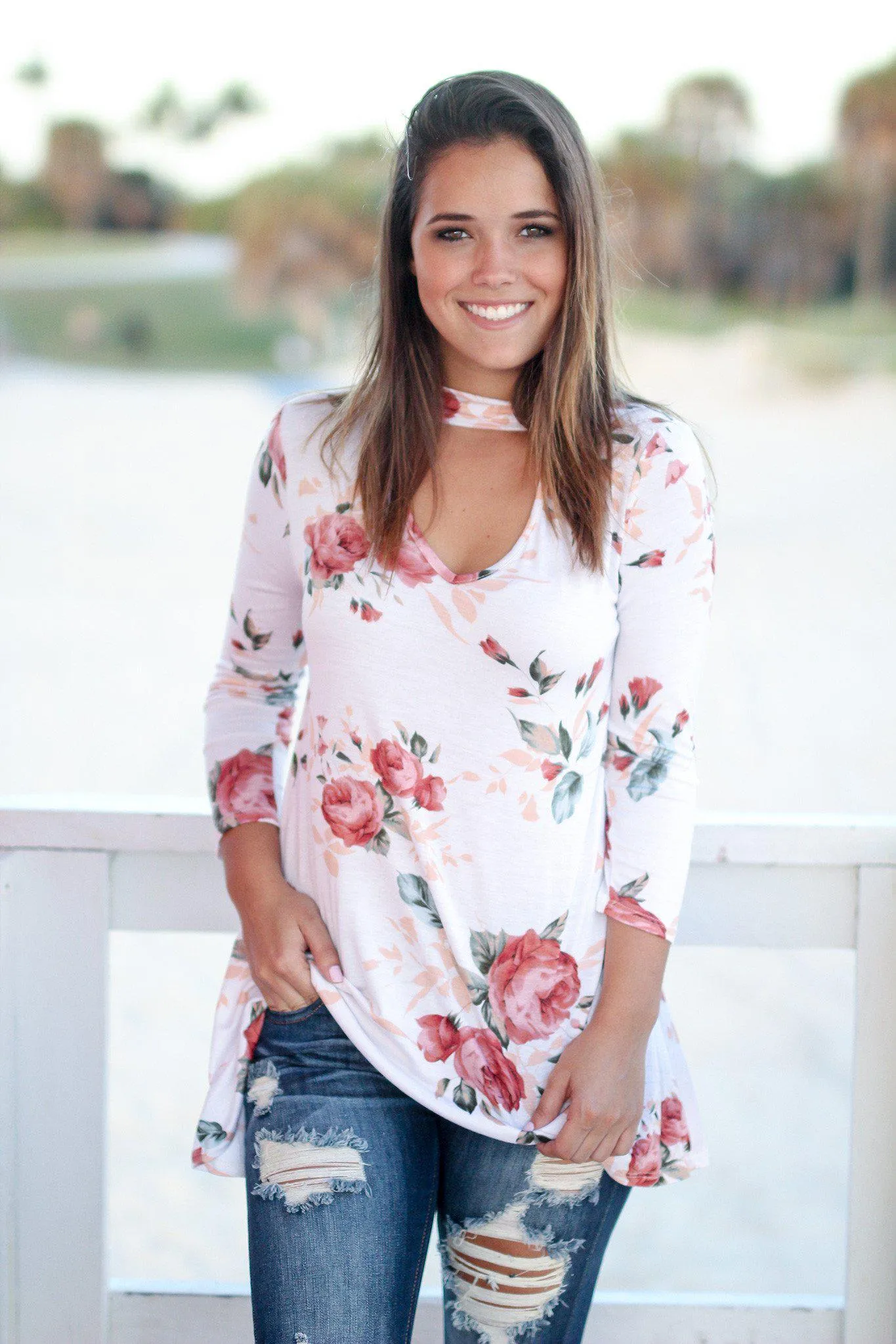 Ivory Floral Mock Neck Top