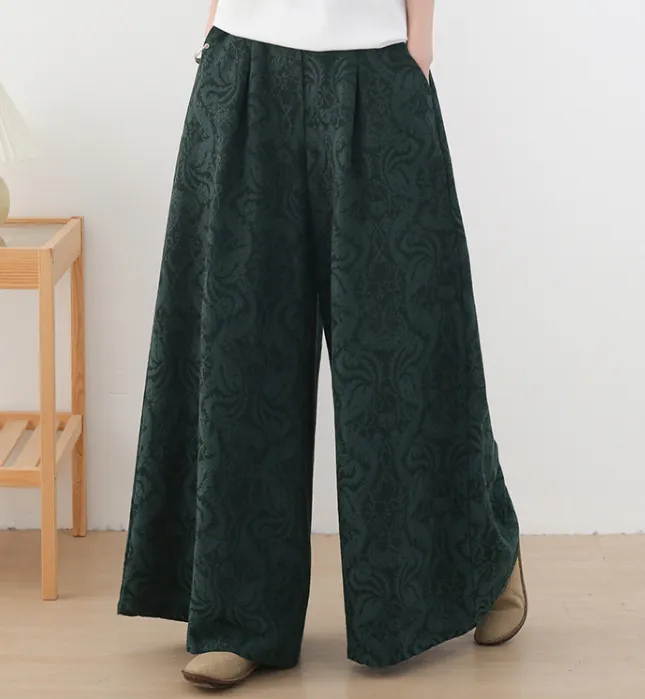 Jacquard Cotton Linen Autum Wide Leg Women Casual Pants Elastic Waist WG05131