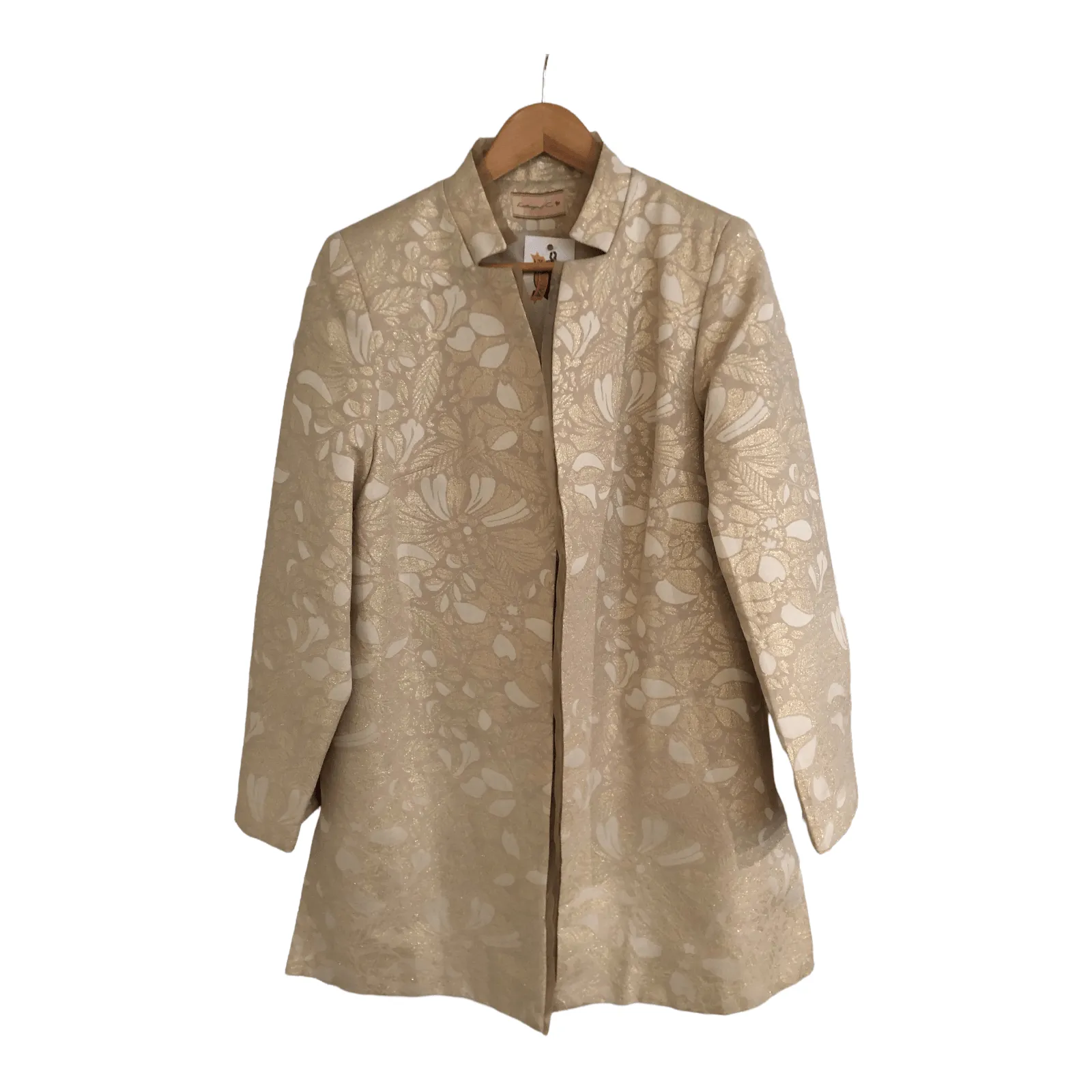 Kathryn C Brocade Jacquard Long Sleeve Evening Coat Jacket Metallic Gold Cream UK Size 16