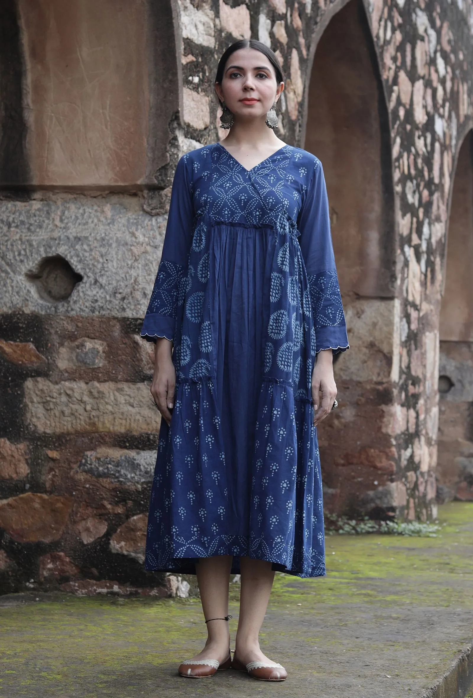 Konalaka Indigo Cotton Hand Block Printed Tiered Kurta Dress