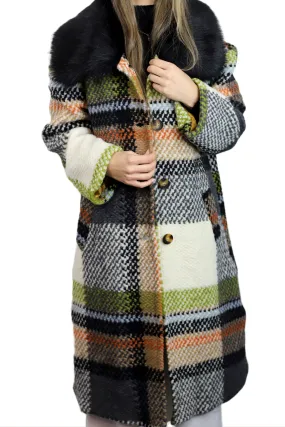 La Fiorentina Long Plaid Wool Coat w/ Faux Fur Trim - Ivory/Black