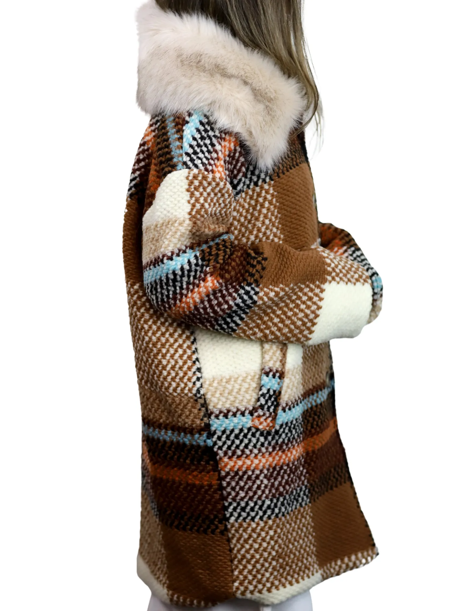 La Fiorentina Mid Length Plaid Wool Coat w/ Faux Fur Trim - Brown/Ivory