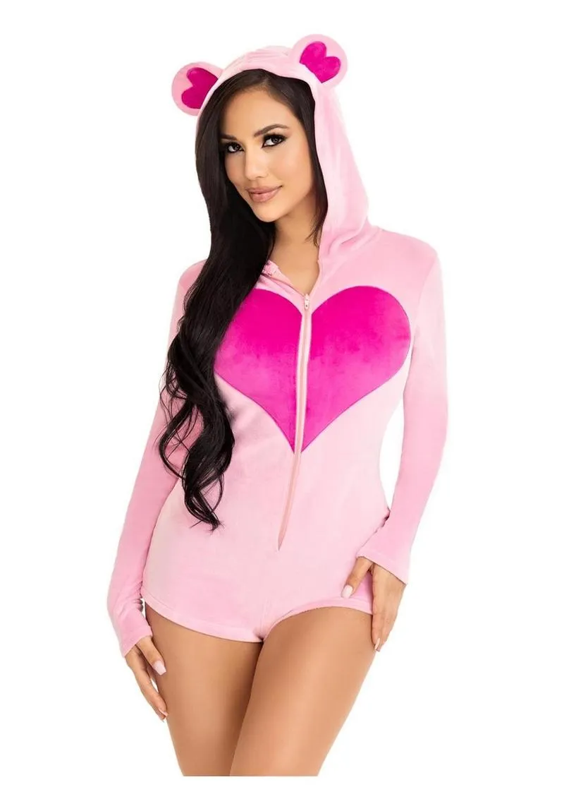 Leg Avenue Sweetheart Bear Velvet Zip Up Romper with Heart Accent