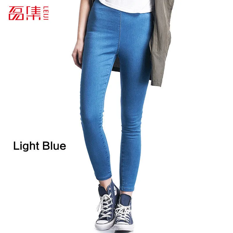 Leiji Fashion S 6XL Blue Leggings 2016 Summer Autumn High Waist Elastic plus Size women Skinny jeans Femme Capris denim pants