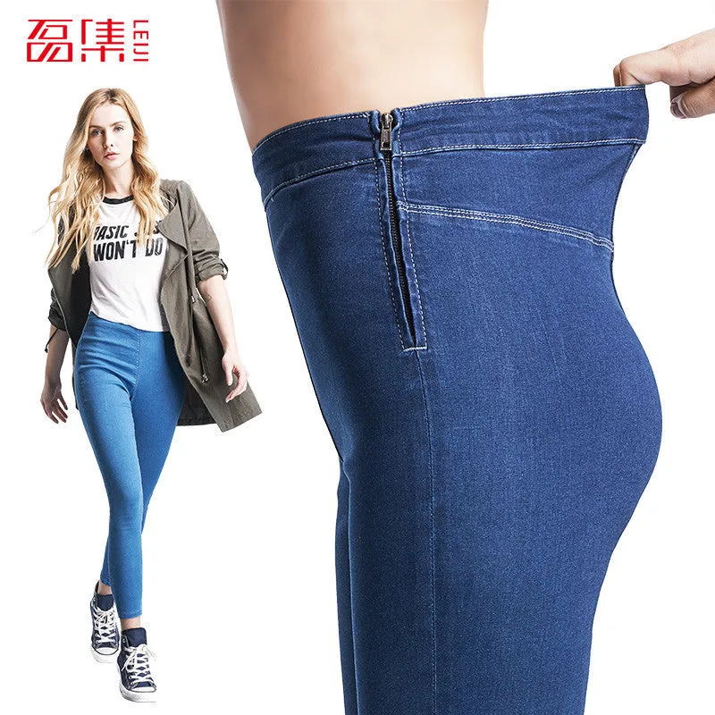 Leiji Fashion S 6XL Blue Leggings 2016 Summer Autumn High Waist Elastic plus Size women Skinny jeans Femme Capris denim pants