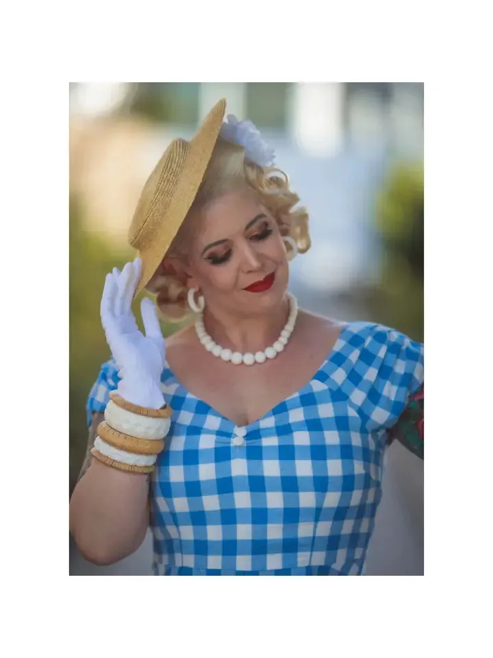 Lily Off Shoulder Blue Gingham Swing Dress by Dolly and Dotty