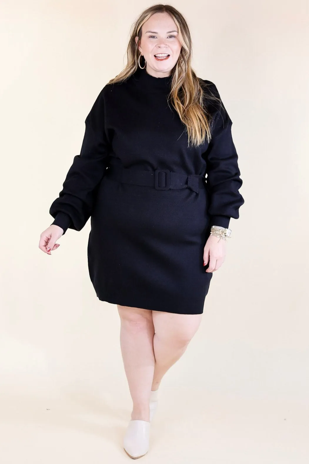 Luxurious Life Sweater Dress with Belt in Black