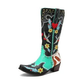 Merendy Dalieda Floral Embroidered block heel boots