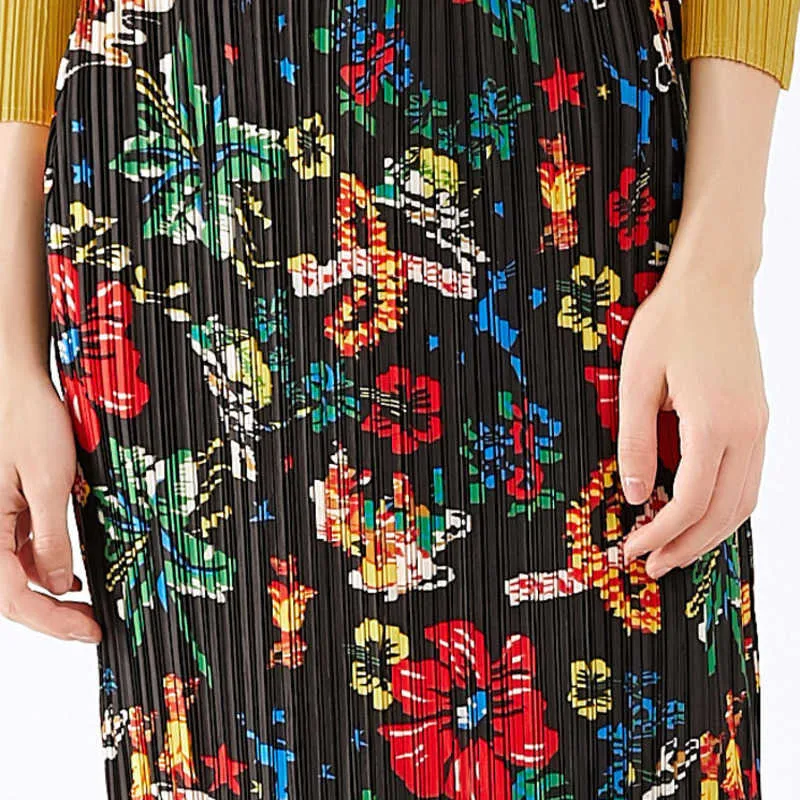 Miyake Pleated Floral Fringe Hem Top and Skirt Set