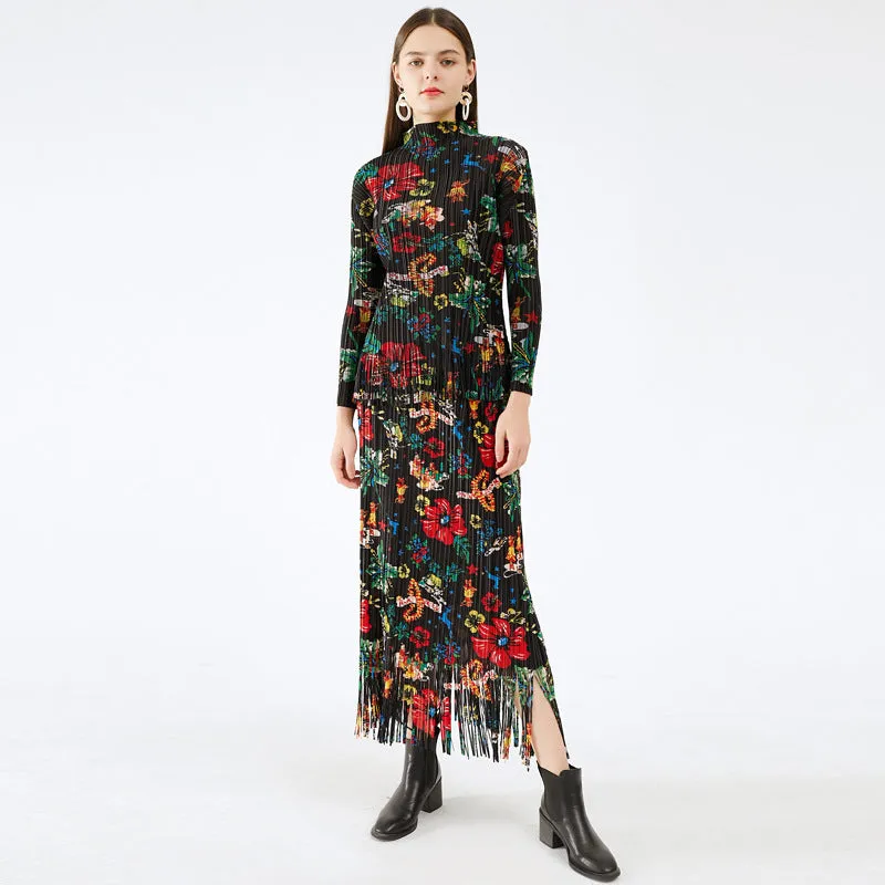 Miyake Pleated Floral Fringe Hem Top and Skirt Set