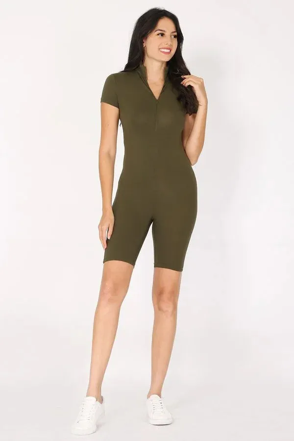 MOCK NECK SHORT SLEEVE ZIP UP ROMPER *FRONT ZIPPER CLOSURE