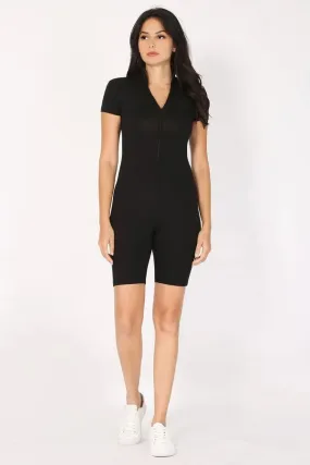 MOCK NECK SHORT SLEEVE ZIP UP ROMPER *FRONT ZIPPER CLOSURE