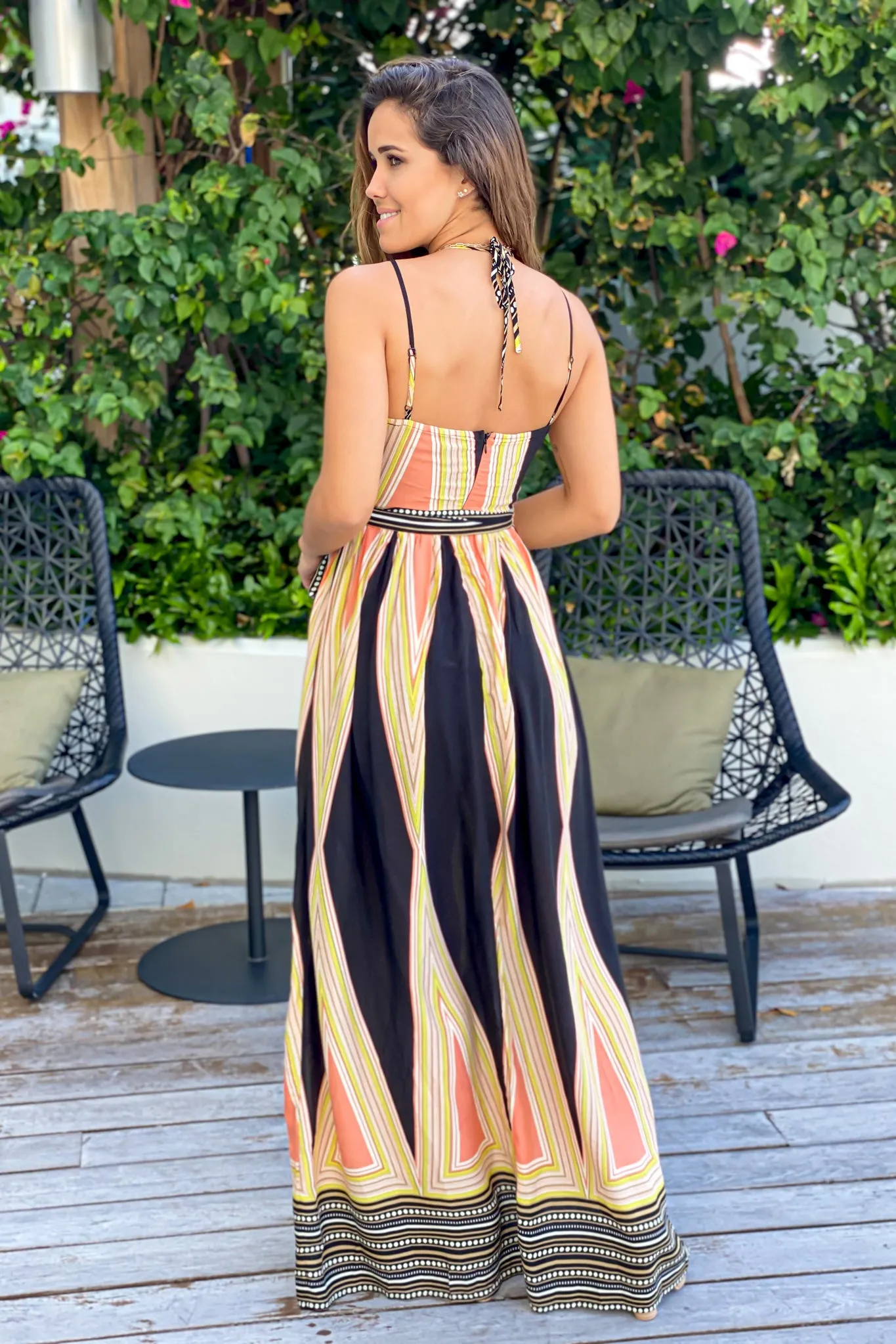 Mustard Striped Halter Neck Maxi Dress