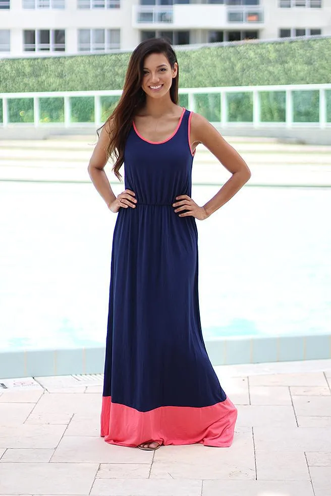 Navy and Coral Maxi Dress