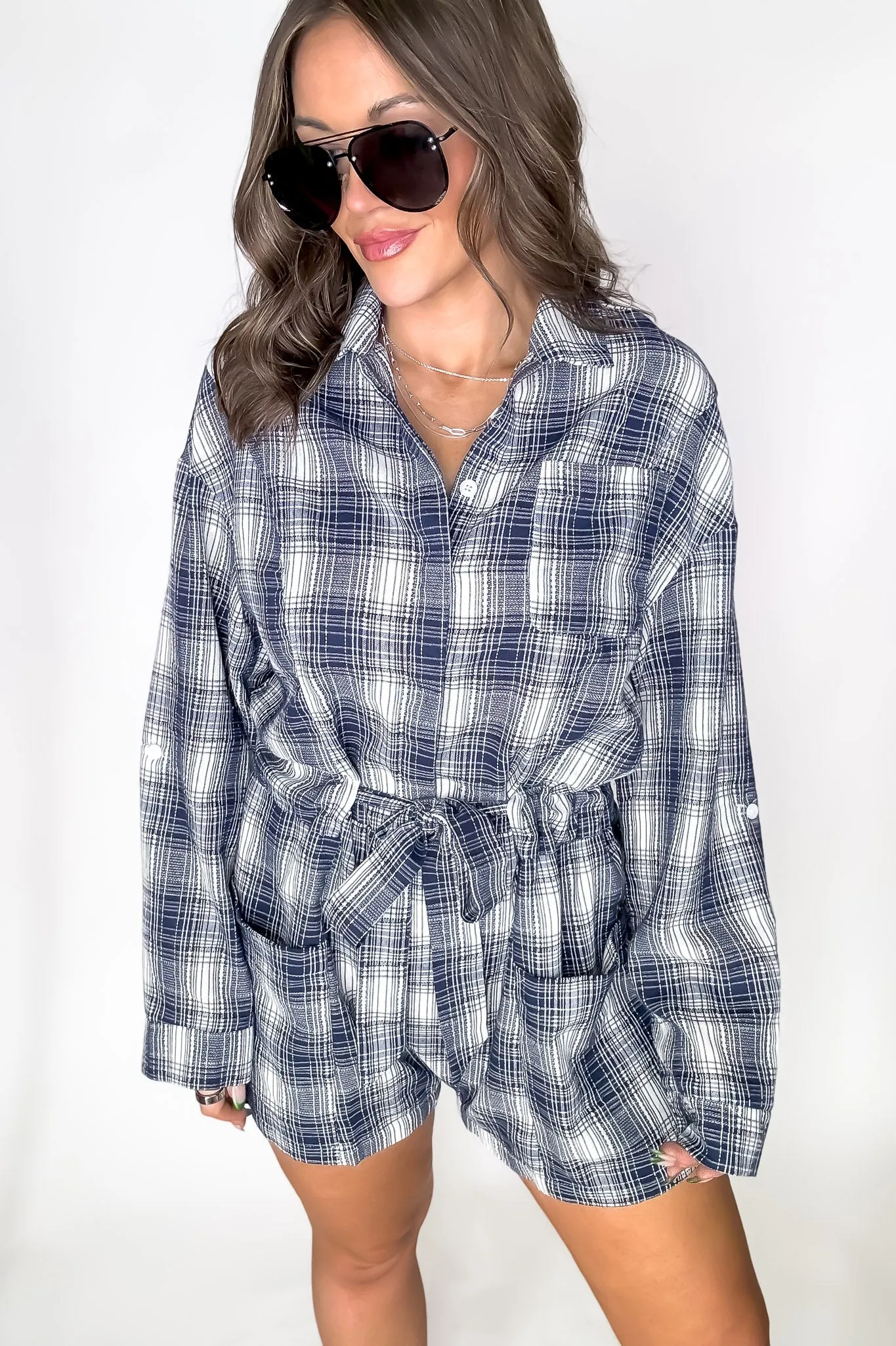 Navy Plaid Button Down Romper